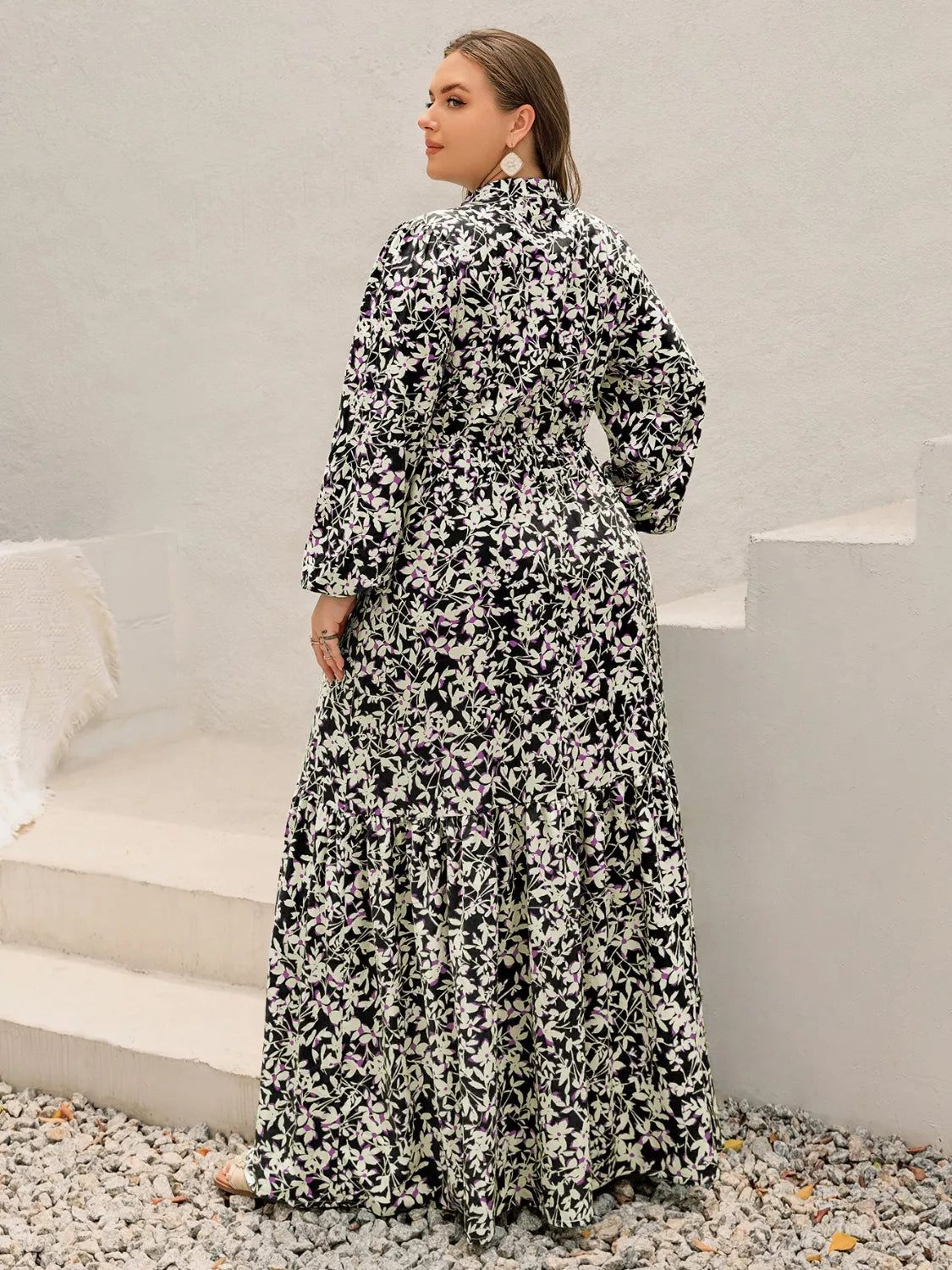 Plus Size Floral Print Long Sleeve Tiered Maxi Dress
