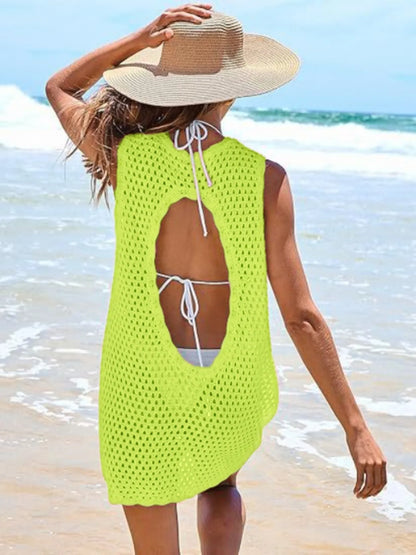 Color Block Openwork Sleeveless Cutout Back Cover-Up Lime
