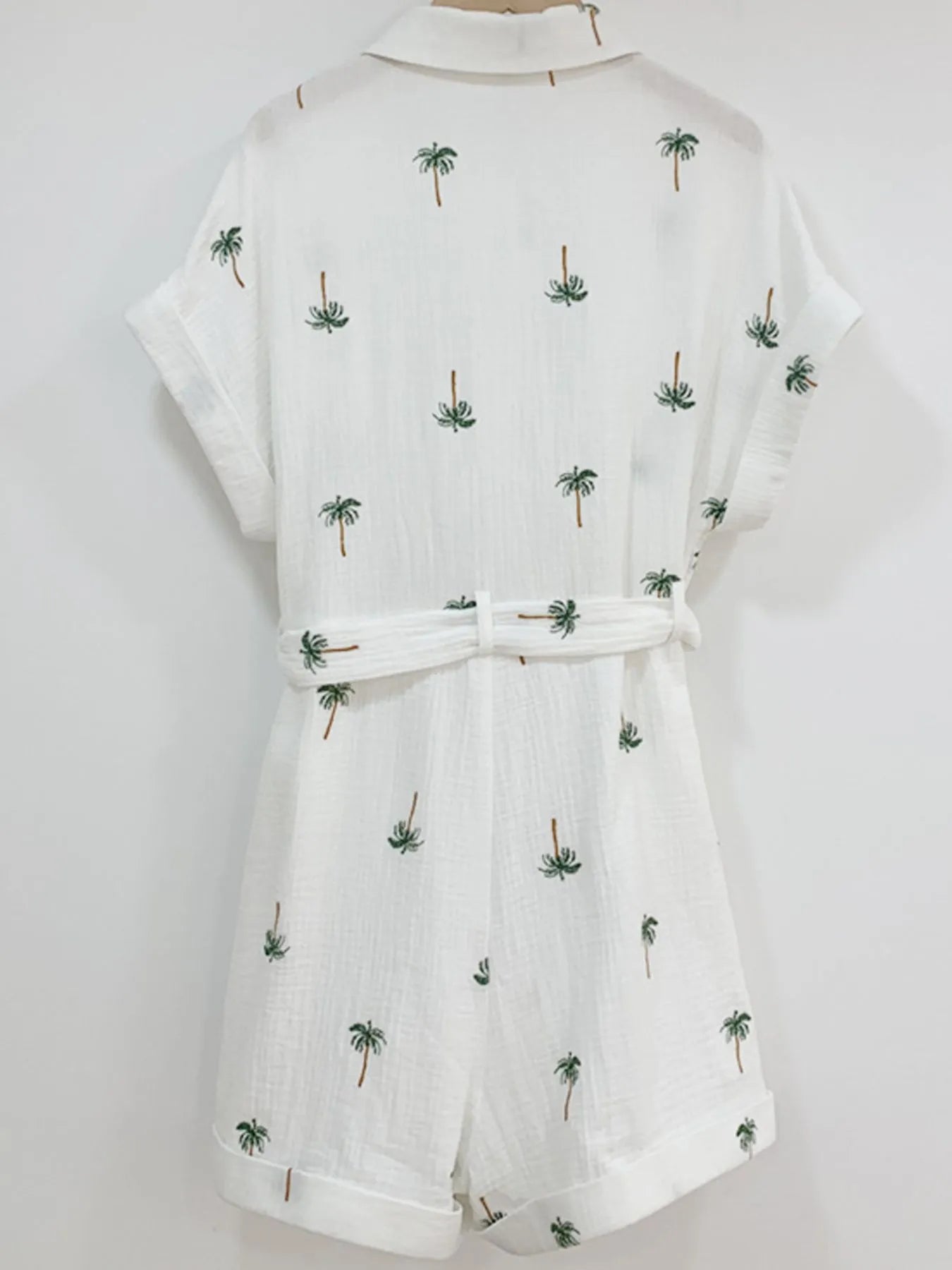 Palm Tree Print Short Sleeve Button-Up Romper with Belt