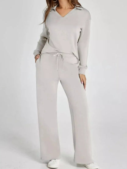 Full Size Johnny Collar Long Sleeve Top and Pants Plus Size Light Gray