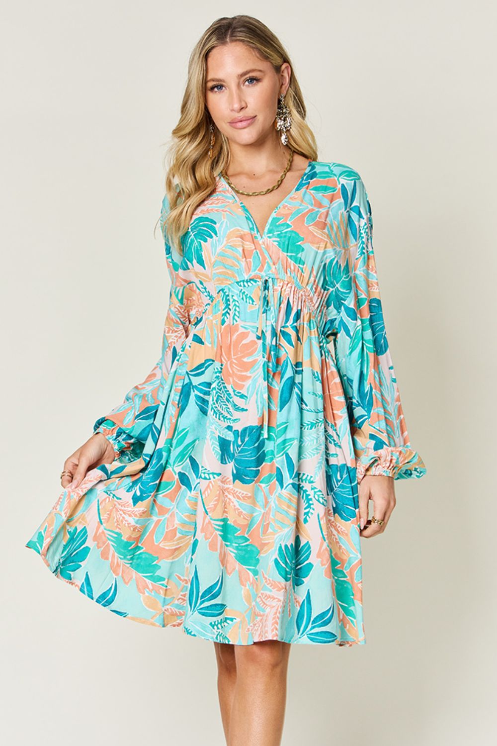 Printed Drawstring V-Neck Dress Teal