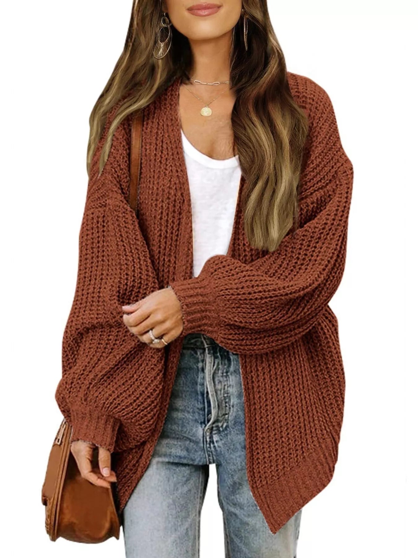 Oversized Chunky Knit Open Front Cardigan Brown