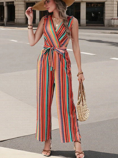 Striped Sleeveless Tie Waist Jumpsuit