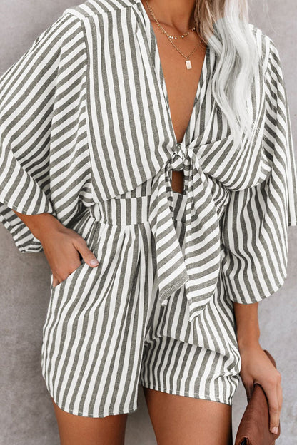 Bow Striped Kimono Sleeve Romper Dark Gray