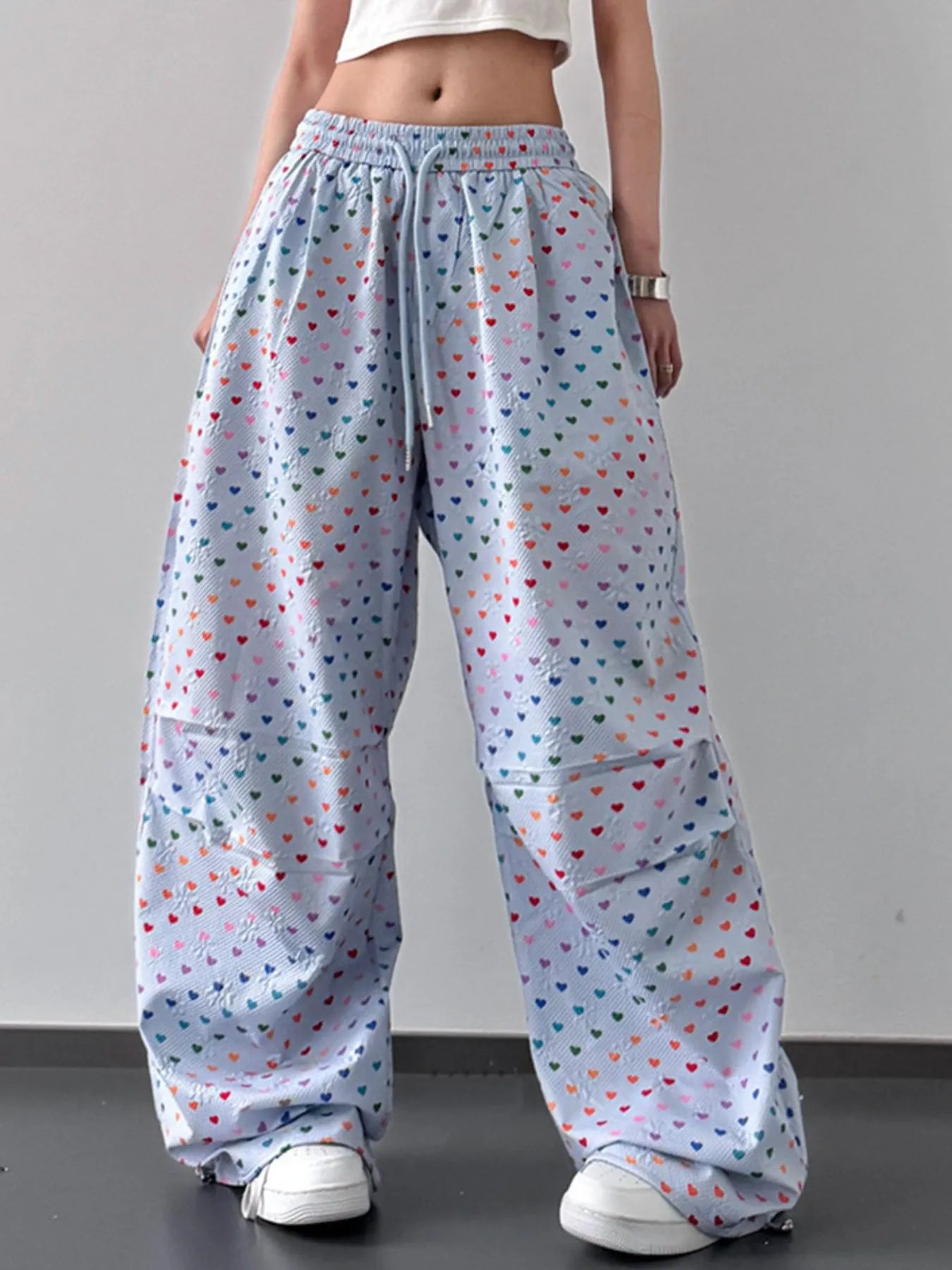 Heart Print Drawstring Wide Leg Pants