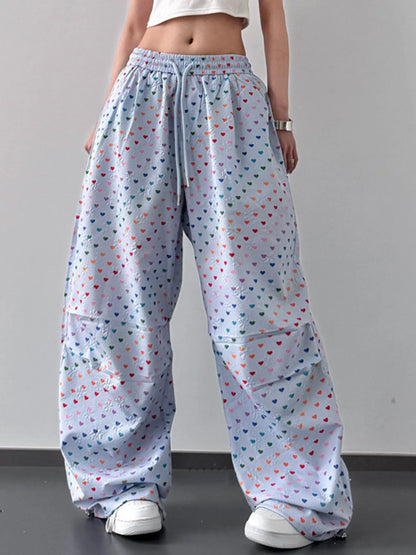 Heart Print Drawstring Wide Leg Pants