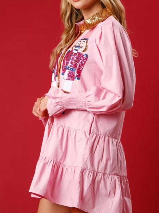 Full Size Christmas Sequin Nutcracker Tiered Shirt Dress Plus Size