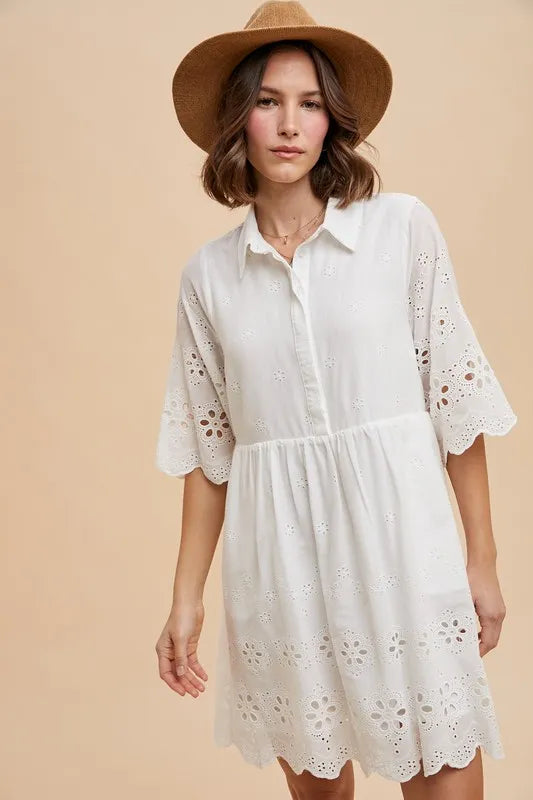 Annie Wear Embroidered Scallop Edge Detail Mini Shirt Dress IVORY