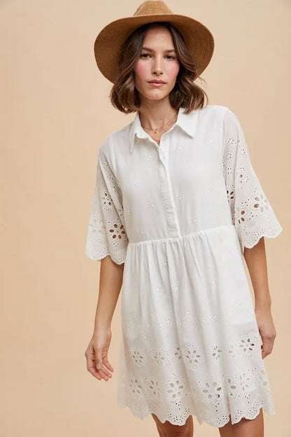 Annie Wear Embroidered Scallop Edge Detail Mini Shirt Dress IVORY