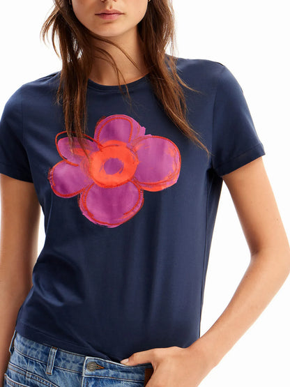 Flower Graphic Round Neck T-Shirt Blue