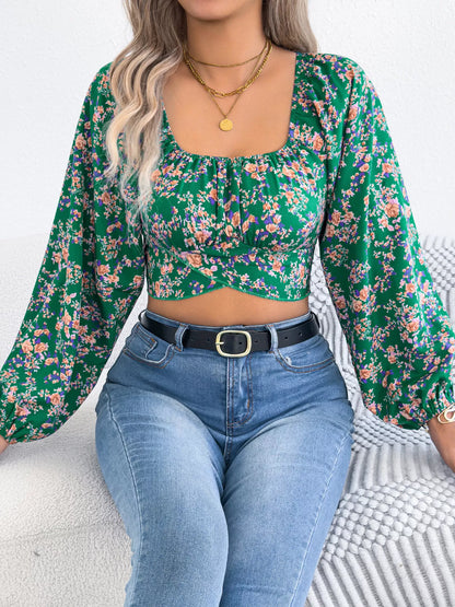 Floral Balloon Sleeve Square Neck Crop Blouse Green