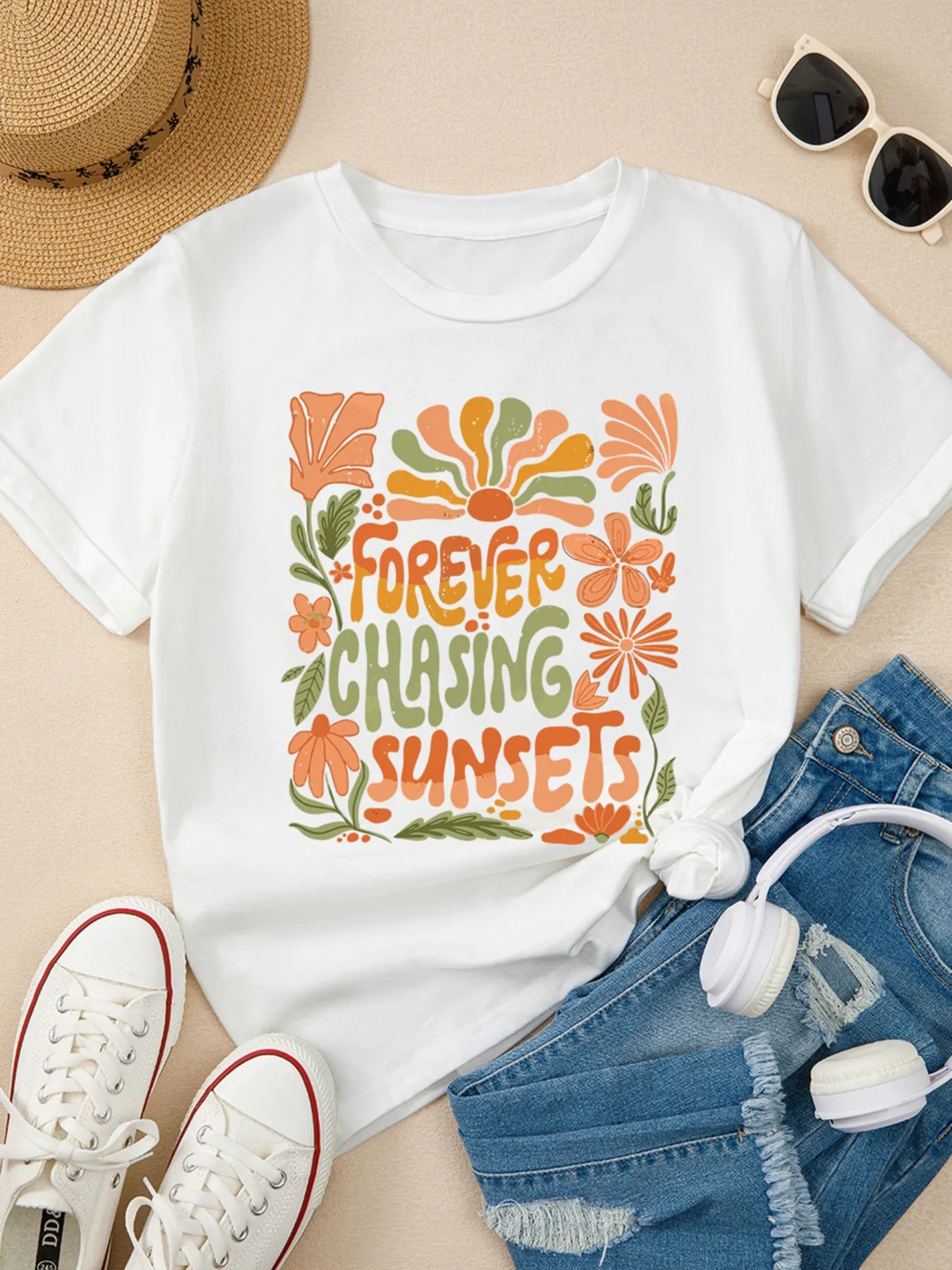 FOREVER CHASING SUNSETS Round Neck T Shirt