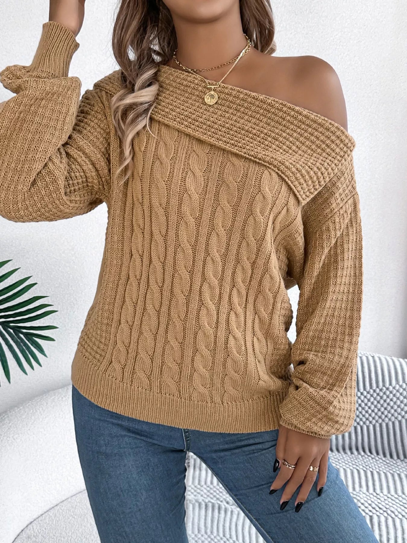 Off-Shoulder Cable Knit Sweater