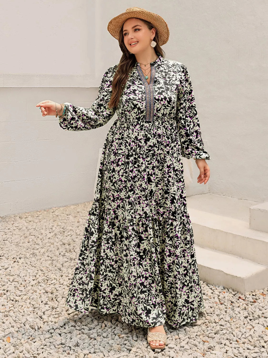 Plus Size Floral Print Long Sleeve Tiered Maxi Dress