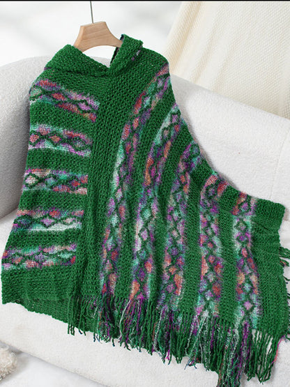 Fringe Contrast Hooded Poncho Dark Green One Size