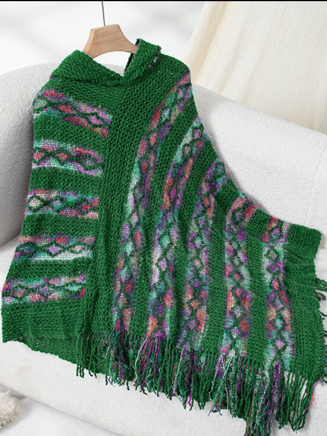 Fringe Contrast Hooded Poncho Dark Green One Size