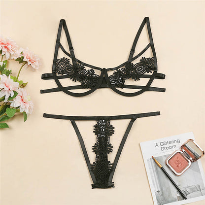 Sexy Lingerie Three-Point Strap Sexy Sleepwear Two-Piece Set Retail Black