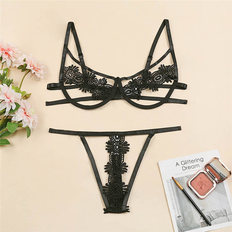 Sexy Lingerie Three-Point Strap Sexy Sleepwear Two-Piece Set Retail Black