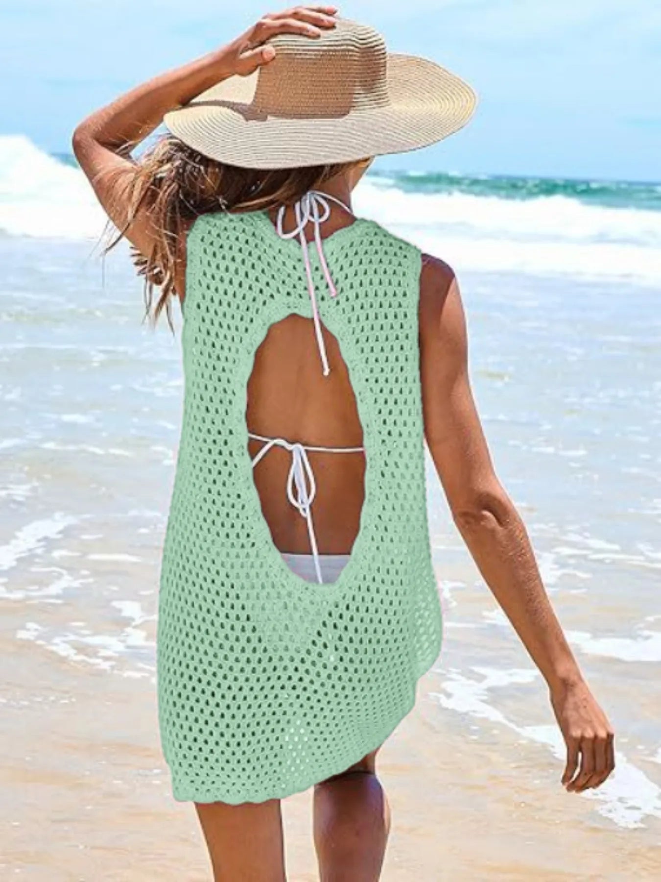 Color Block Openwork Sleeveless Cutout Back Cover-Up