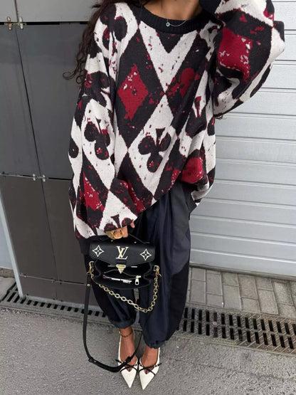 Contrast Diamond Round Neck Long Sleeve Sweater Black