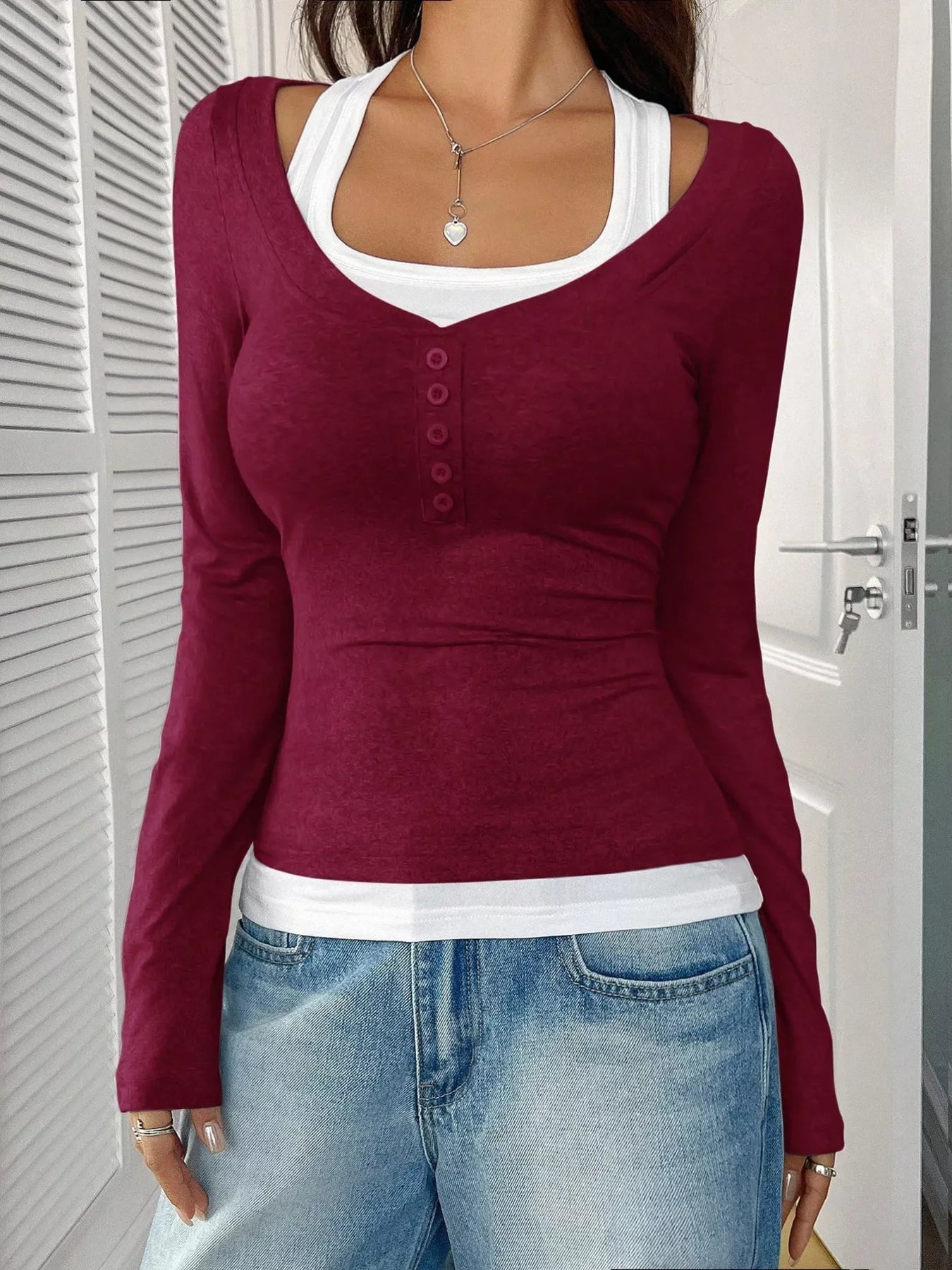 Scoop Neck Long Sleeve T-Shirt Deep Red