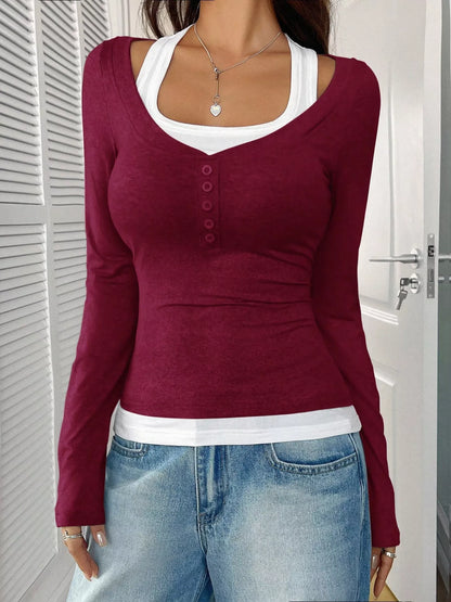 Scoop Neck Long Sleeve T-Shirt Deep Red