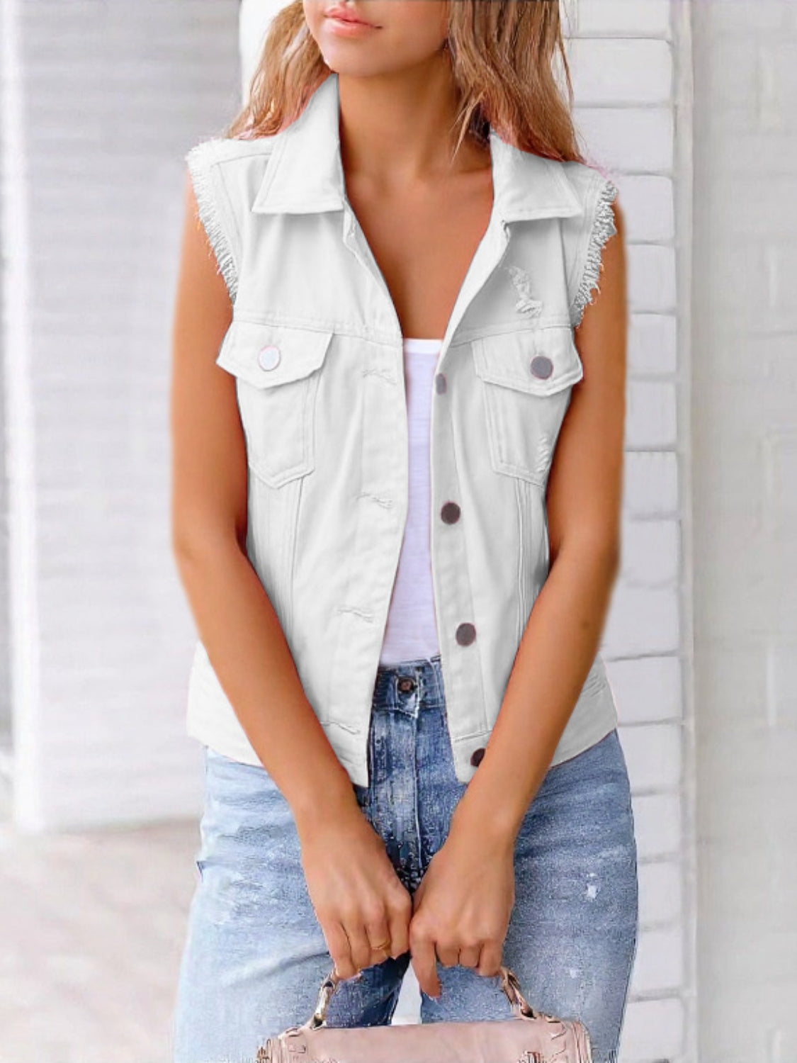 Full Size Button Down Raw Hem Sleeveless Denim Jacket Plus Size White