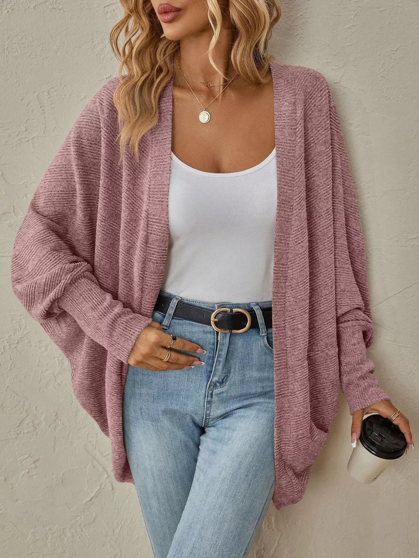 Cozy Oversized Open Front Knit Cardigan Pink