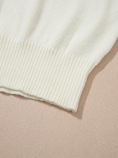 Flower Detail Round Neck Contrast Textured Puff Sleeve Sweater