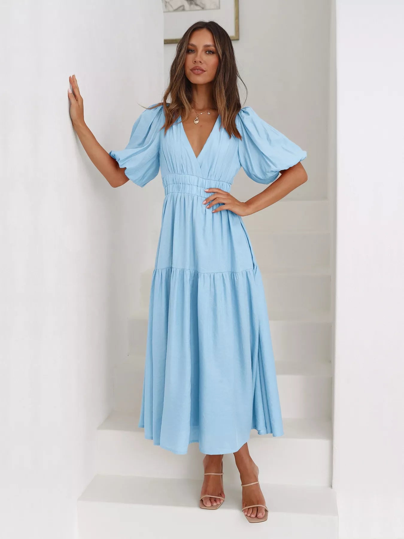 Tiered Puff Sleeve Midi Dress Pastel Blue