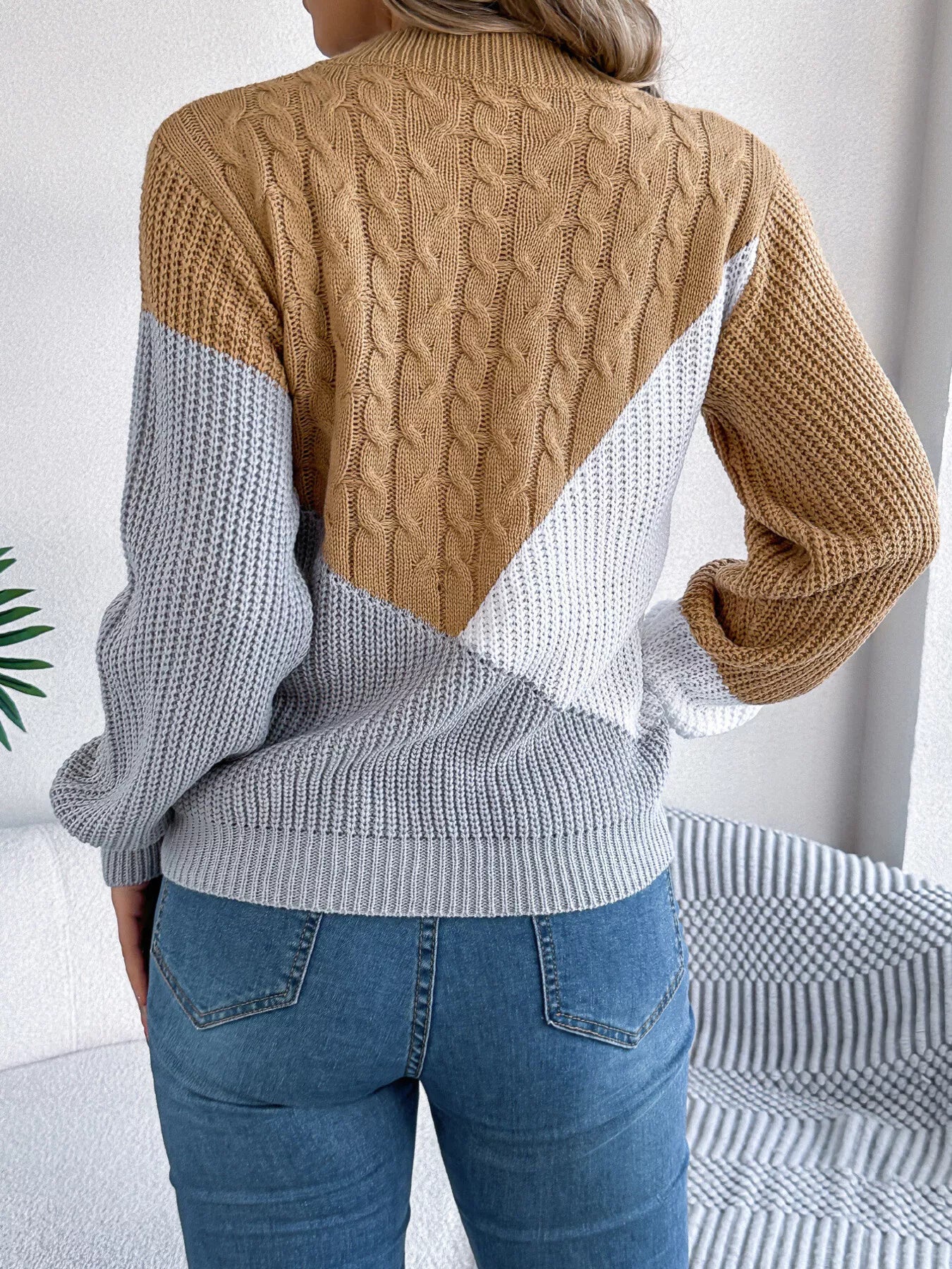 Color Block Cable Knit Long Sleeve Sweater