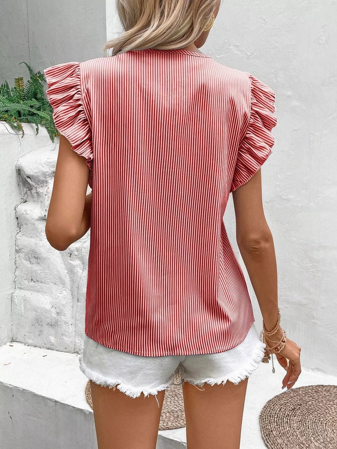 Striped Ruffle Sleeve Tie Front Blouse