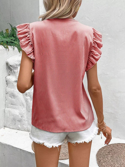 Striped Ruffle Sleeve Tie Front Blouse
