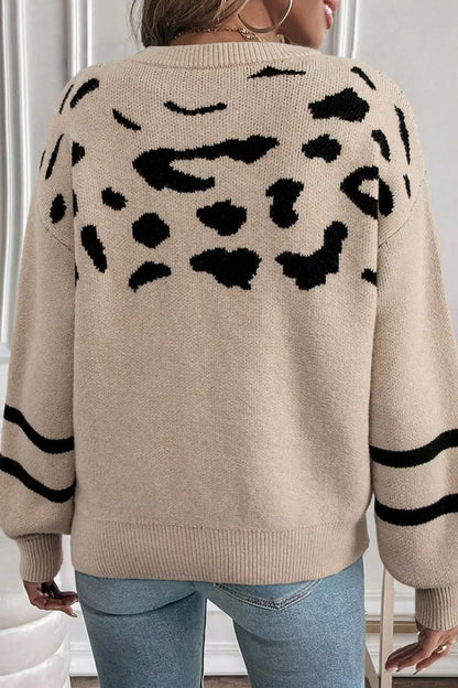 Leopard Round Neck Dropped Shoulder Sweater