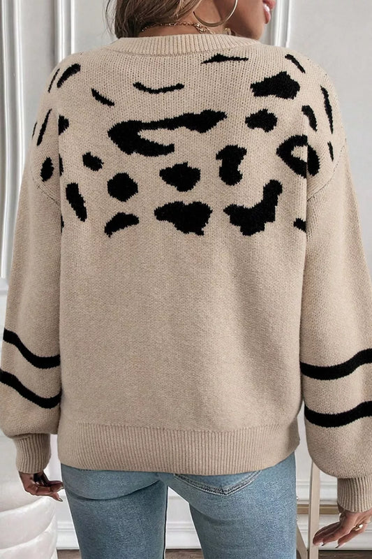 Leopard Round Neck Dropped Shoulder Sweater