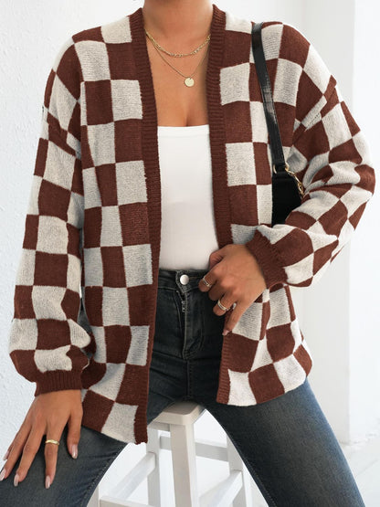 Black and White Checkered Cardigan - Checkered Open Front Long Sleeve Cardigan Brown White