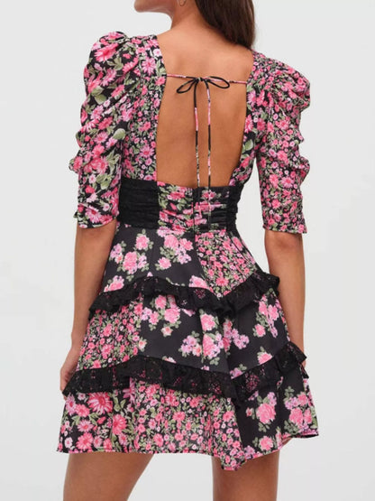 Ruffled Floral Print Half Sleeve Dress