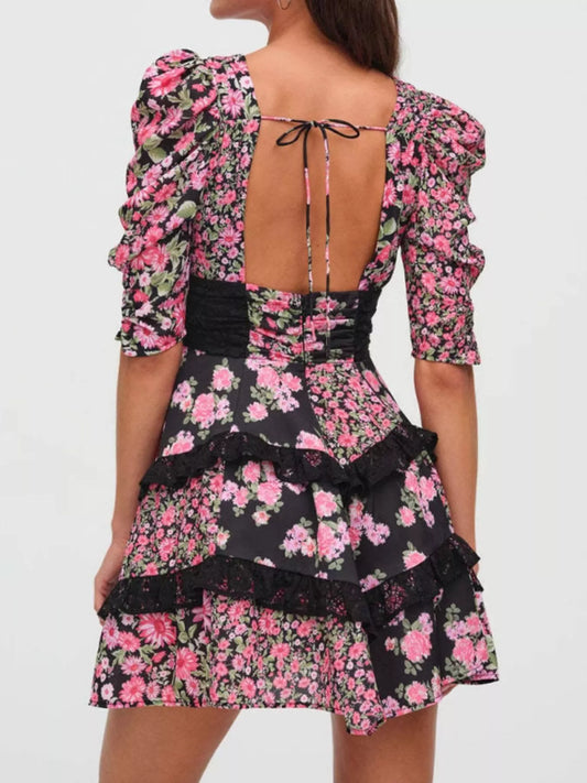 Ruffled Floral Print Half Sleeve Dress