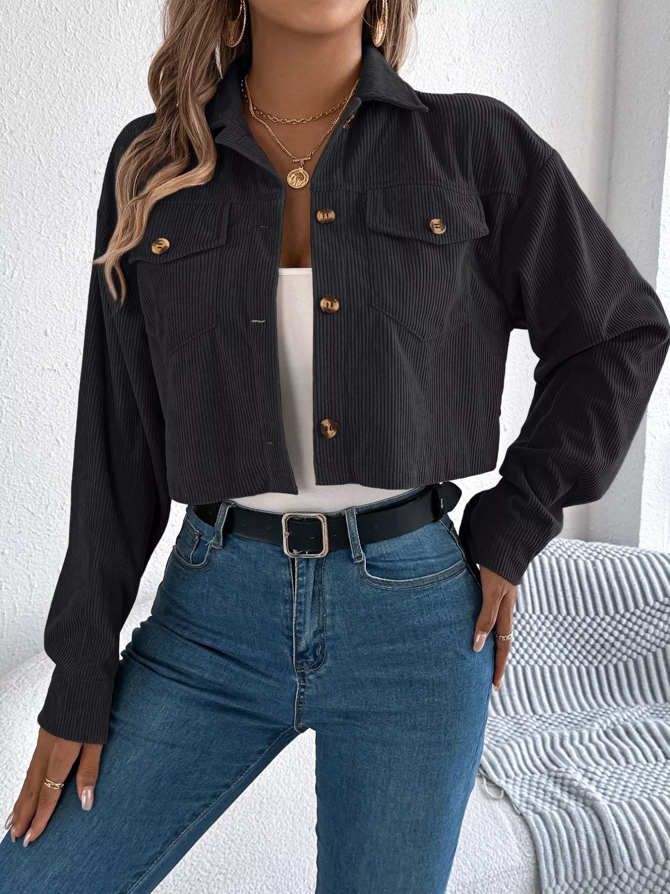 Corduroy Button-Up Dropped Shoulder Jacket