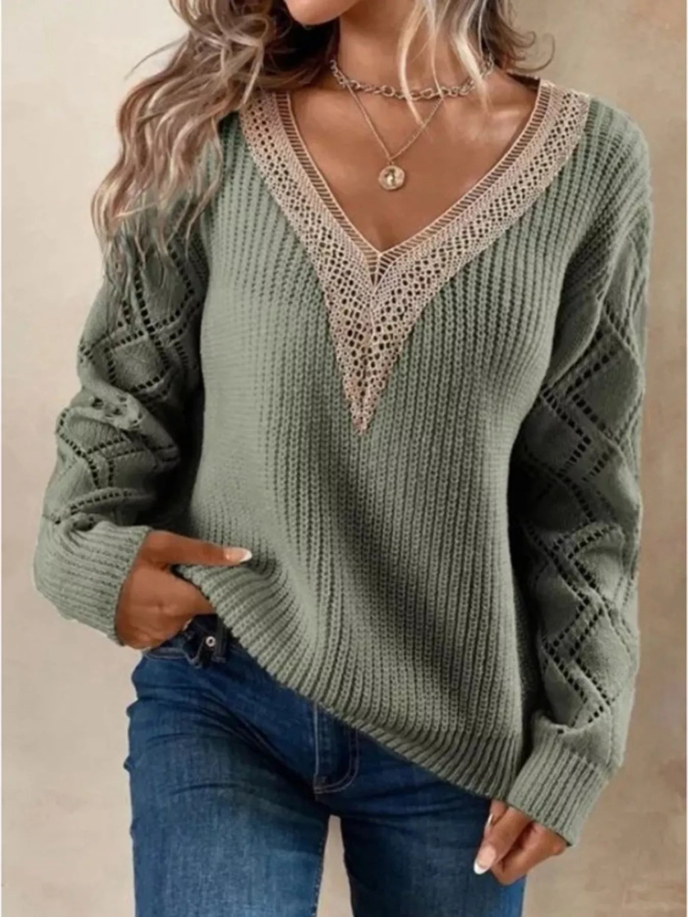 Openwork V-Neck Long Sleeve Sweater