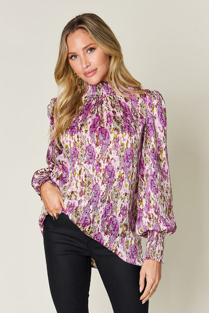 Semi-Sheer Smocked Top with Long Sleeves & Frills Fuchsia