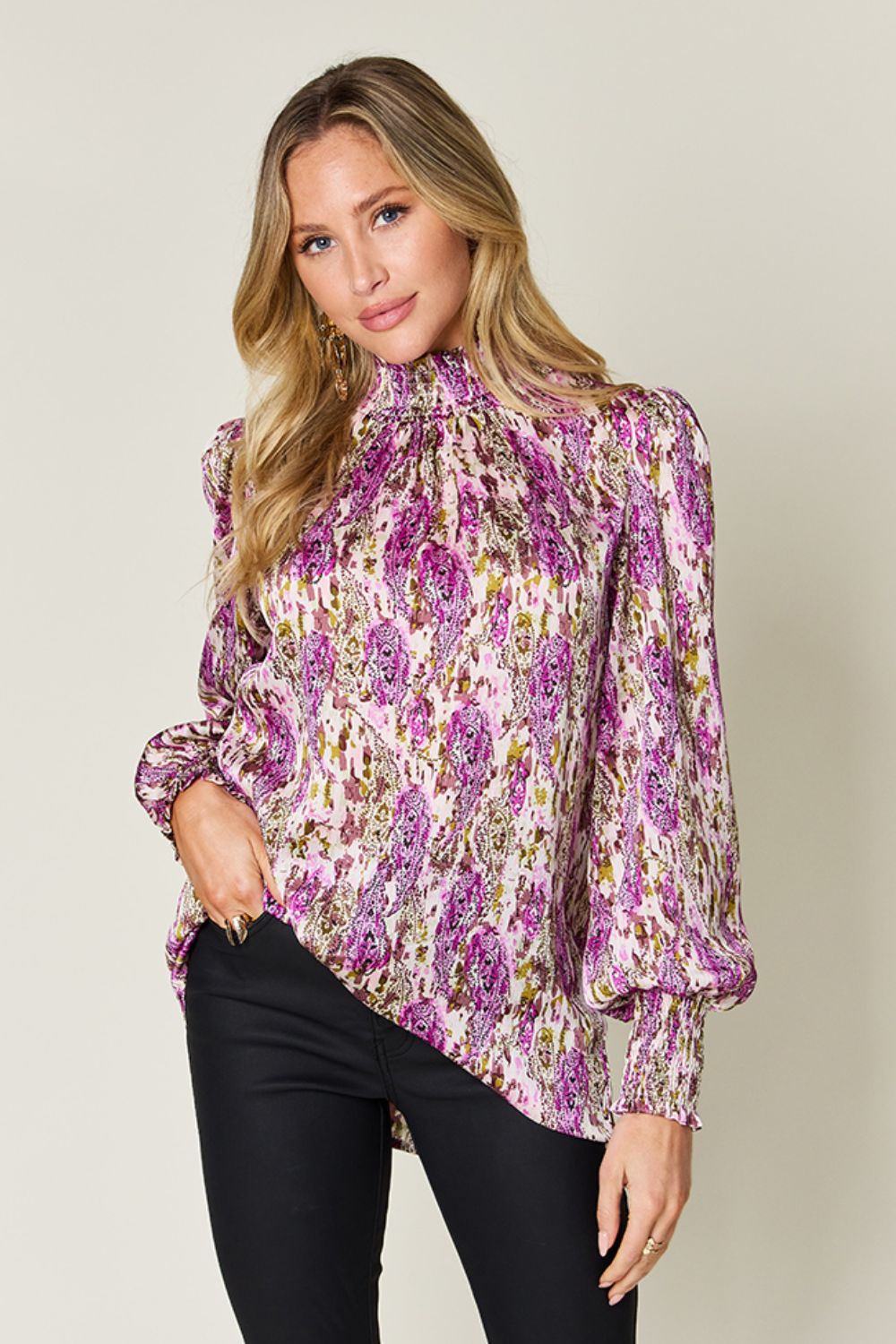 Semi-Sheer Smocked Top with Long Sleeves & Frills Fuchsia
