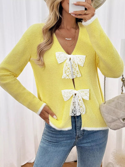 Lace Bow-Tie Front Long Sleeve Cardigan Yellow