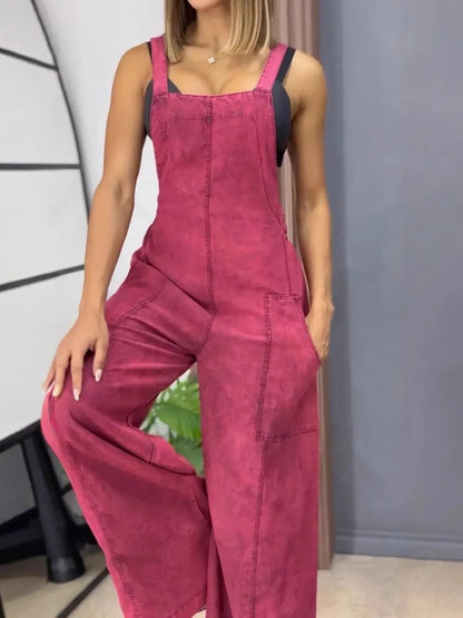 Full Size Wide Leg Washed Denim Overalls Plus Size Hot Pink