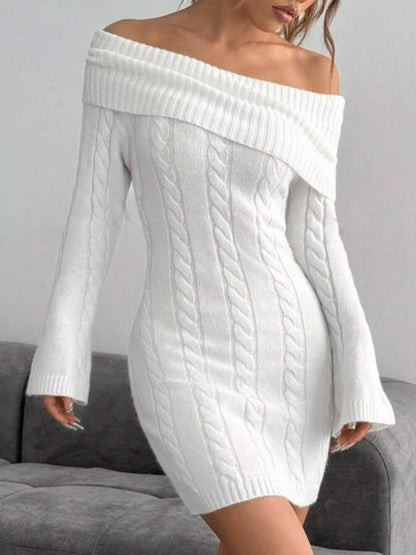 Off-Shoulder Cable Knit Bodycon Sweater Dress White