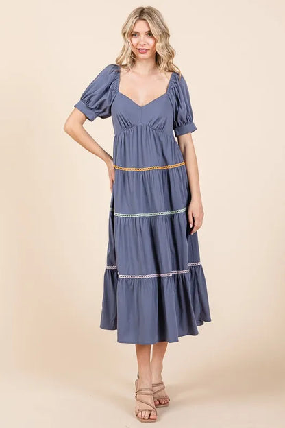 Lime 'N' Chili Trim Detail Puff Sleeve Tiered Maxi Dress