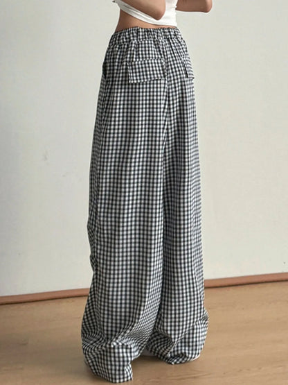 Gingham Check Wide Leg Casual Pants