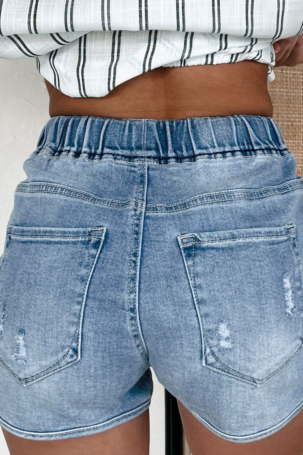 Drawstring High Waist Distressed Denim Shorts