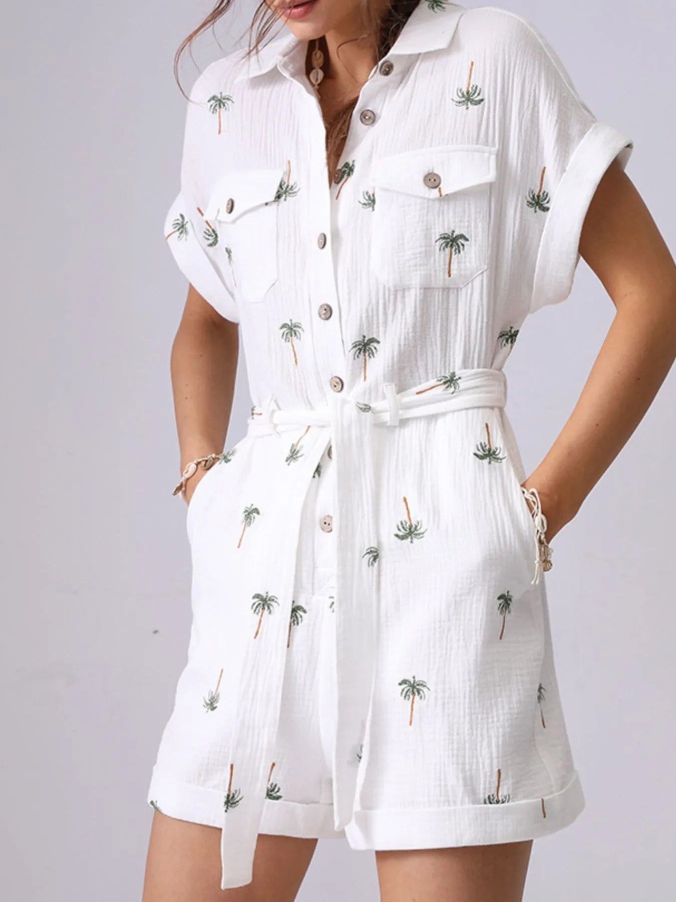 Palm Tree Print Short Sleeve Button-Up Romper with Belt
