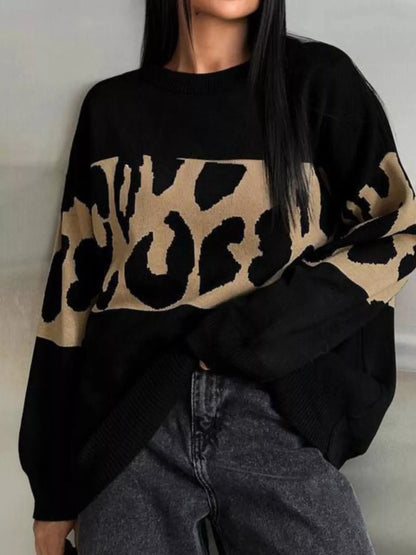 Leopard Color Block Round Neck Sweater